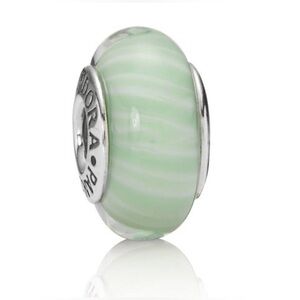 Authentic Retired Pandora Green Candy Stripe Murano Glass S925 Ale
